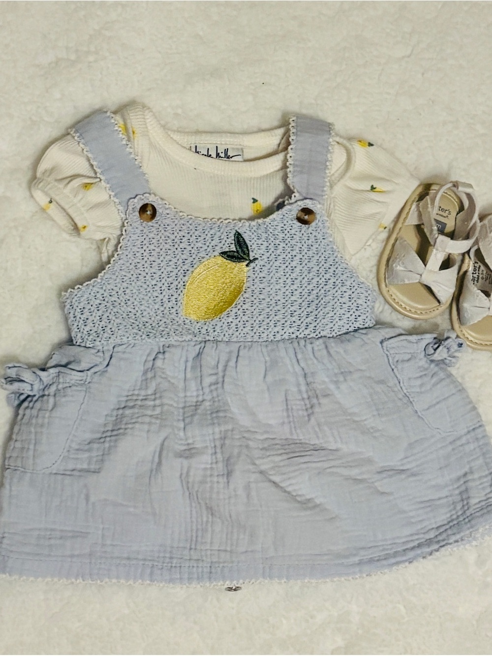 Nicole Miller Light Blue and Yellow Lemon Knit-Front Dress